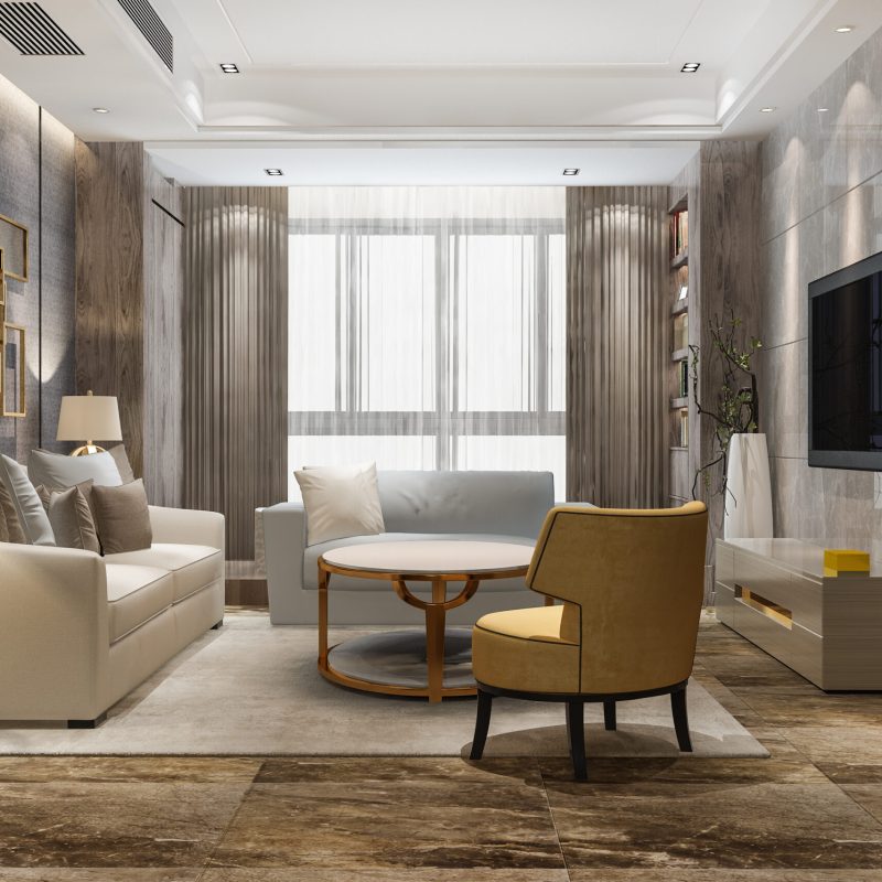 3d rendering luxury and modern living room with fabric sofa