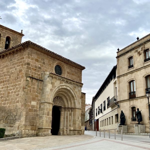SORIA,SPAIN – JUNE 25, 2022 -View at the Provincial Administration Palace with San Juan de Rabanera church in Soria. SORIA,SPAIN - JUNE 25, 2022 -View at the Provincial Administration Palace with San Juan de Rabanera church in Soria.